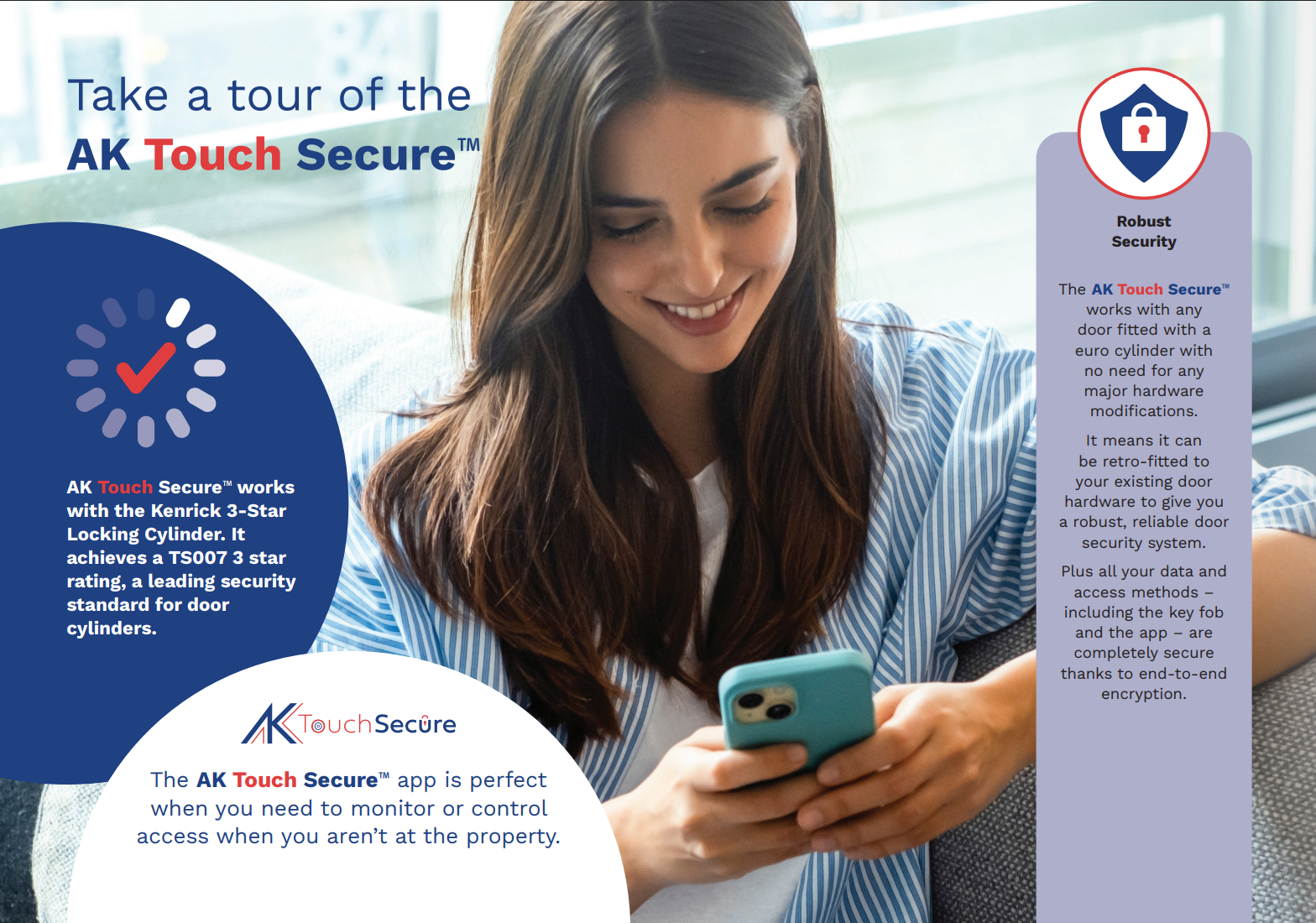 Explore AK Touch Secure smart door lock with Kenrick 3-star locking cylinder, TS007 3-star rated for reliable and robust home security.