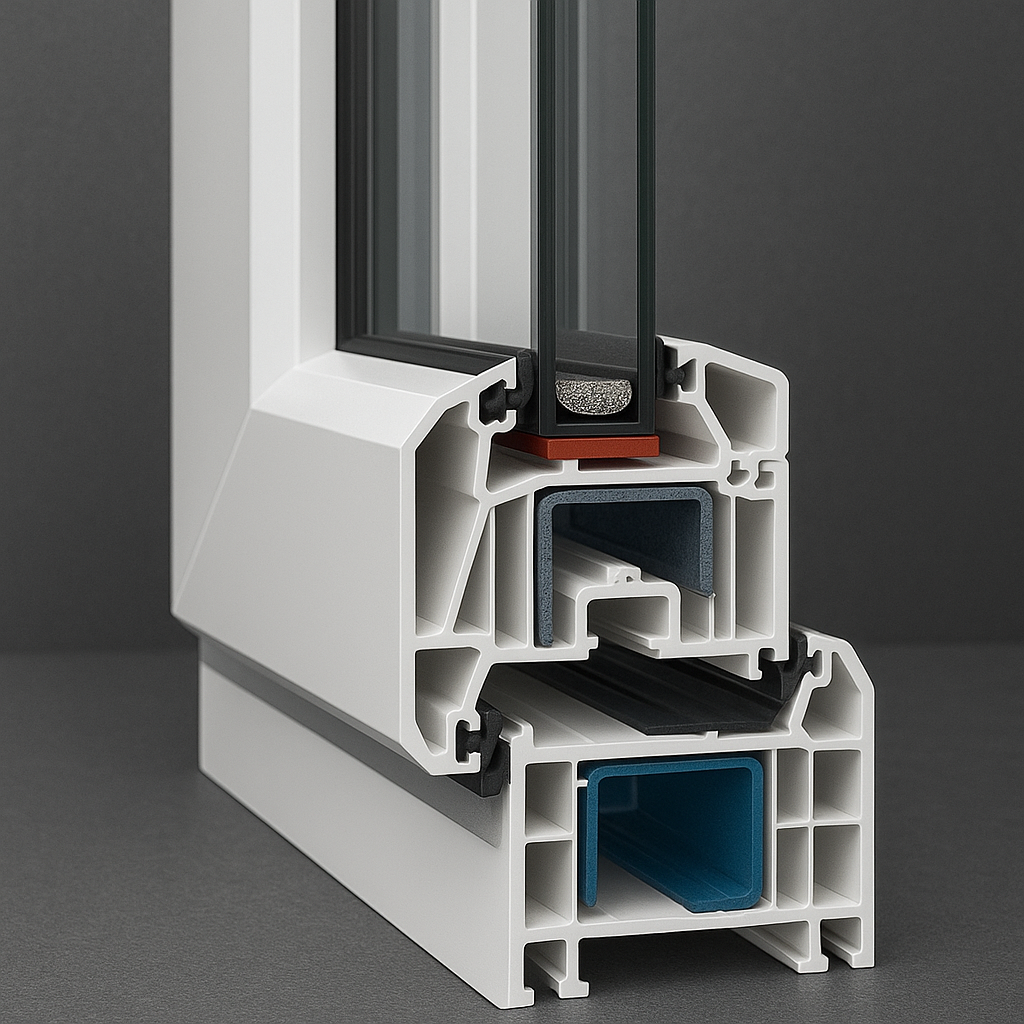 Close-up of insulated uPVC frame and double glazing edge seal