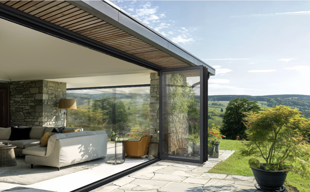 Close-up detail of modern slim aluminium bi-fold door frame and gasket