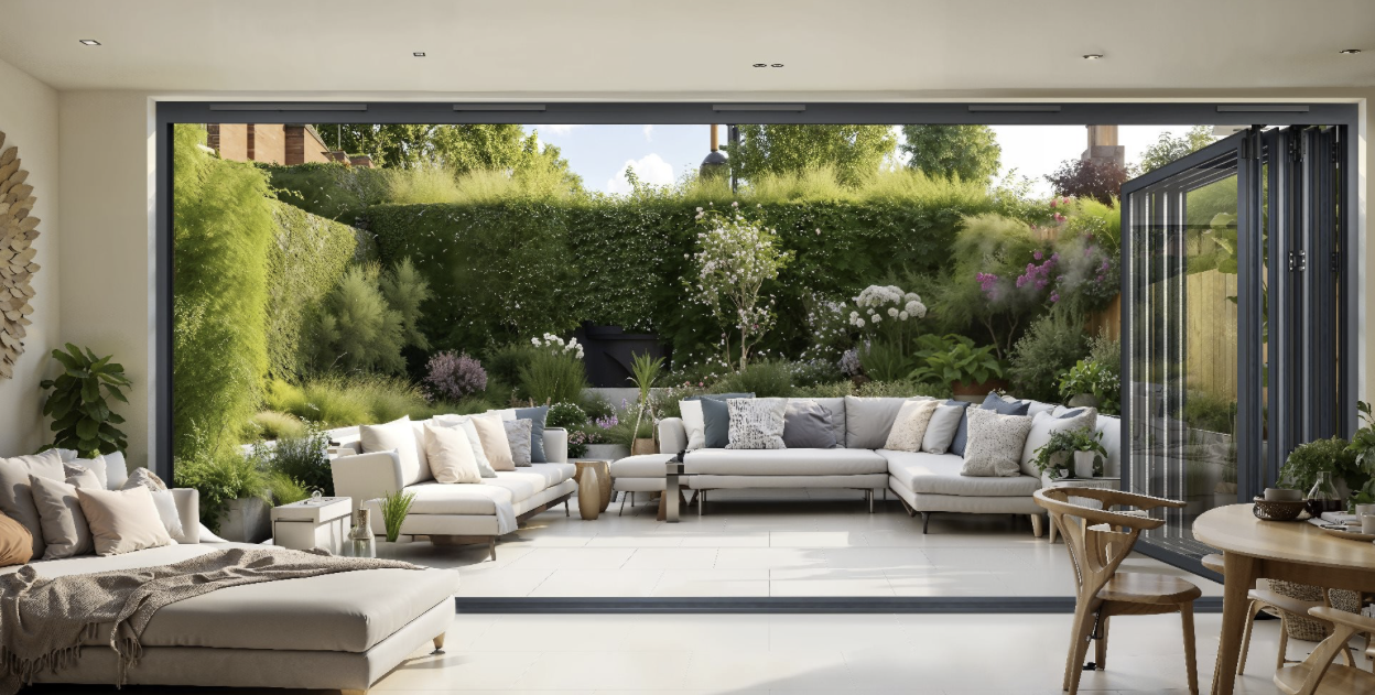 Example folding door layouts including multiple panels and daily access traffic door