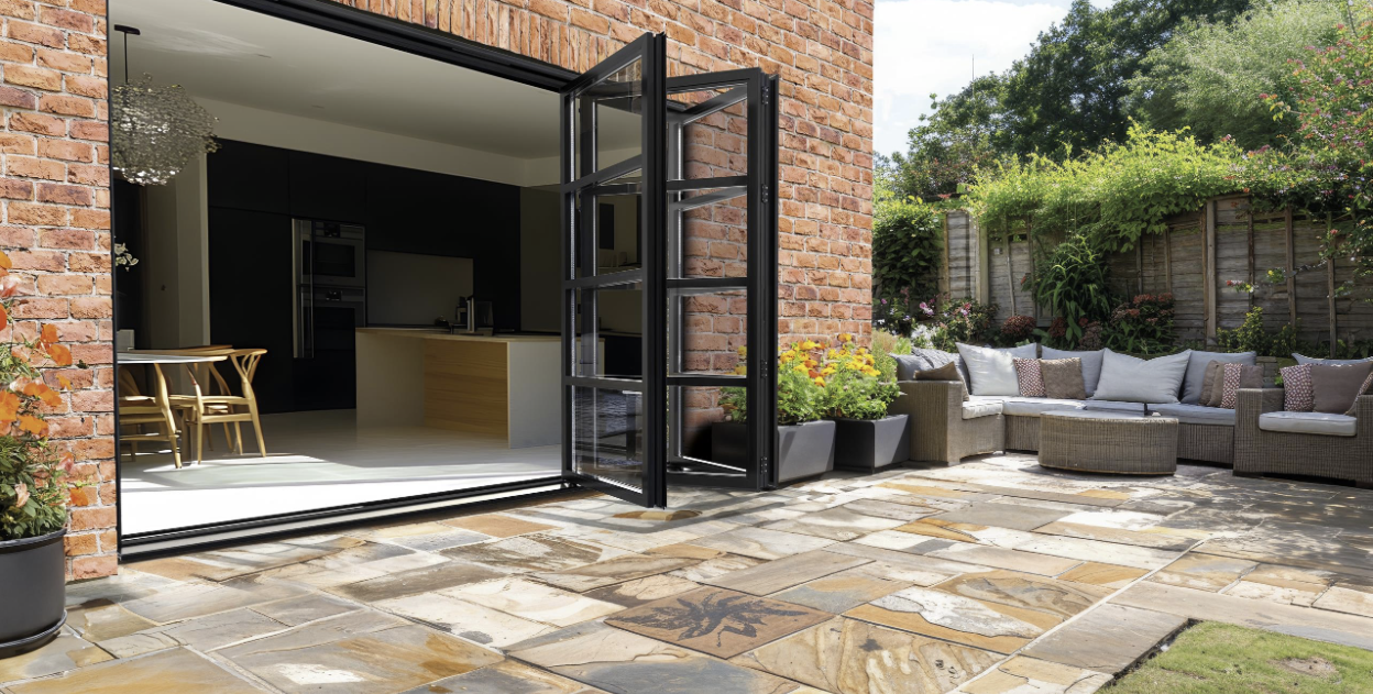 Close-up of slim hinge and running gear on aluminium bi-fold door