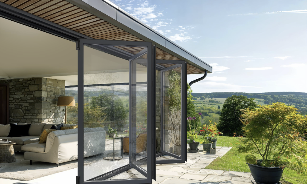 Aluminium bi-folding doors fully opened to create an indoor-outdoor living space