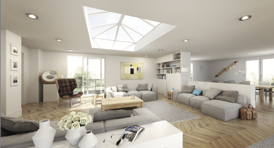 Open-plan kitchen diner with slim aluminium lantern roof and bright natural light