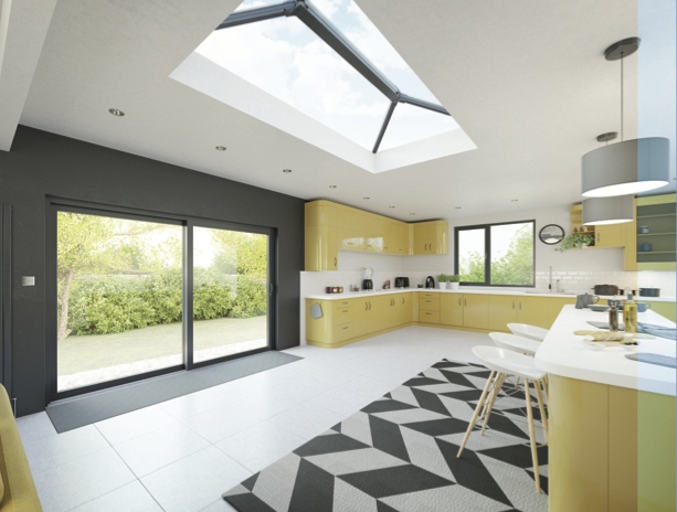 Low profile lantern roof with slim ridge and discreet perimeter beam