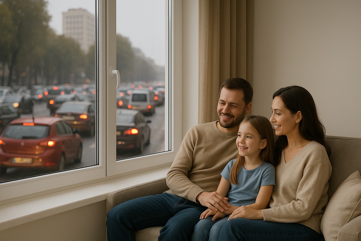 Family relaxing comfortably by a new uPVC window with noise kept outside