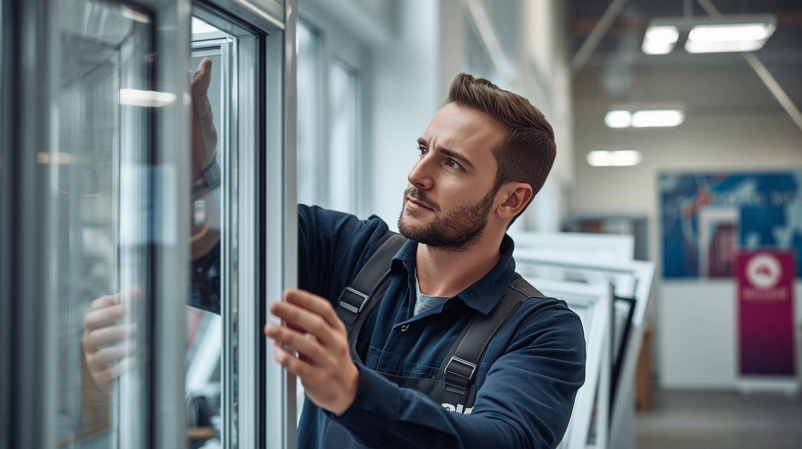 Tradesman looking at a uPVC casement window display in the HI Q WINDOWS showroom